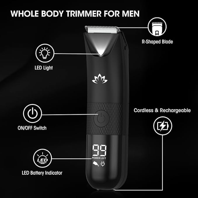 Qreeyx Manscape Trimmer for Men - Electric Body Hair Trimmer with Light, IPX7 Waterproof Electric Razor for Balls/Pubic/Groin/Legs/Chest Hair Removal, Lightweight with LED Display, Gifts for Him Dad