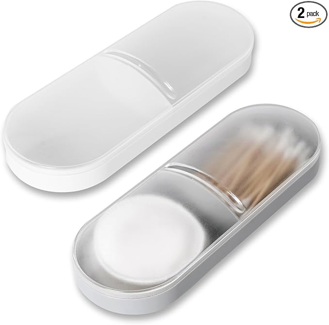 Adorila 2-Pack Travel Cotton Swab & Round Holder, 2-Compartment Organizer with Silicone Band Closure for Luggage & Weekend Tote (White, Grey)