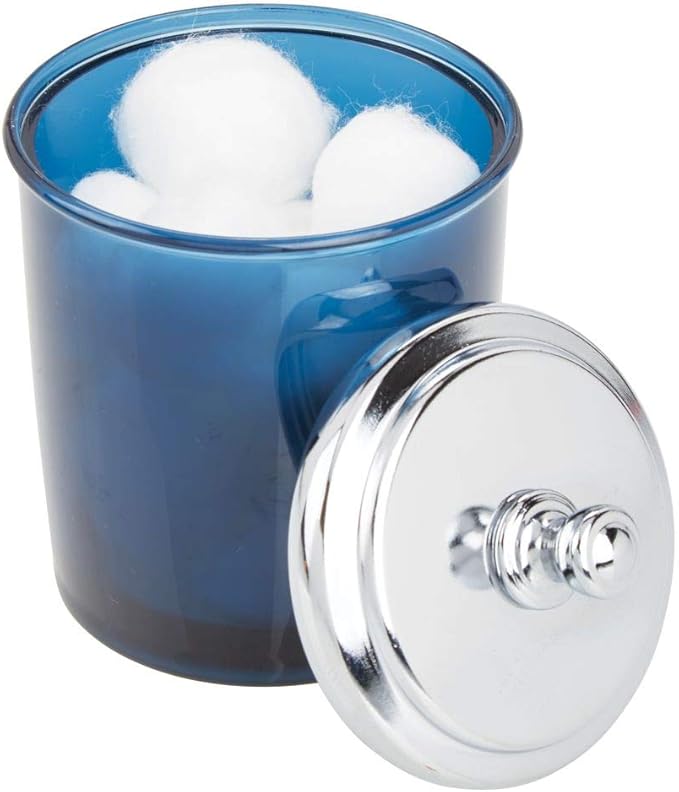 mDesign Bathroom Vanity Storage Organizer Apothecary Canister Jar for Cotton Balls, Swabs, Makeup Sponges, Bath Salts, Hair Ties, Jewelry - Dark Blue/Chrome Lid