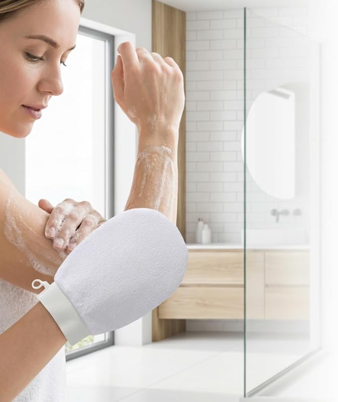 2-Pack Body Scrubber Glove - Traditional Exfoliating Mitt for Dead Skin Remover, Self Tan Prep & Keratosis Pilaris - Soft & Durable Viscose Material White