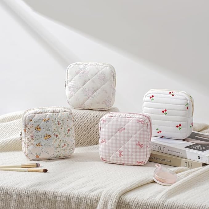 Small Quilted Cotton Makeup Bag for Purse, Cosmetic Bag with Compartments, Cotton Aesthetic Makeup Bag, Travel Toiletry Pouch, Lipstick Bag Card Holder Data Cable Organizer (13Pink Rose)