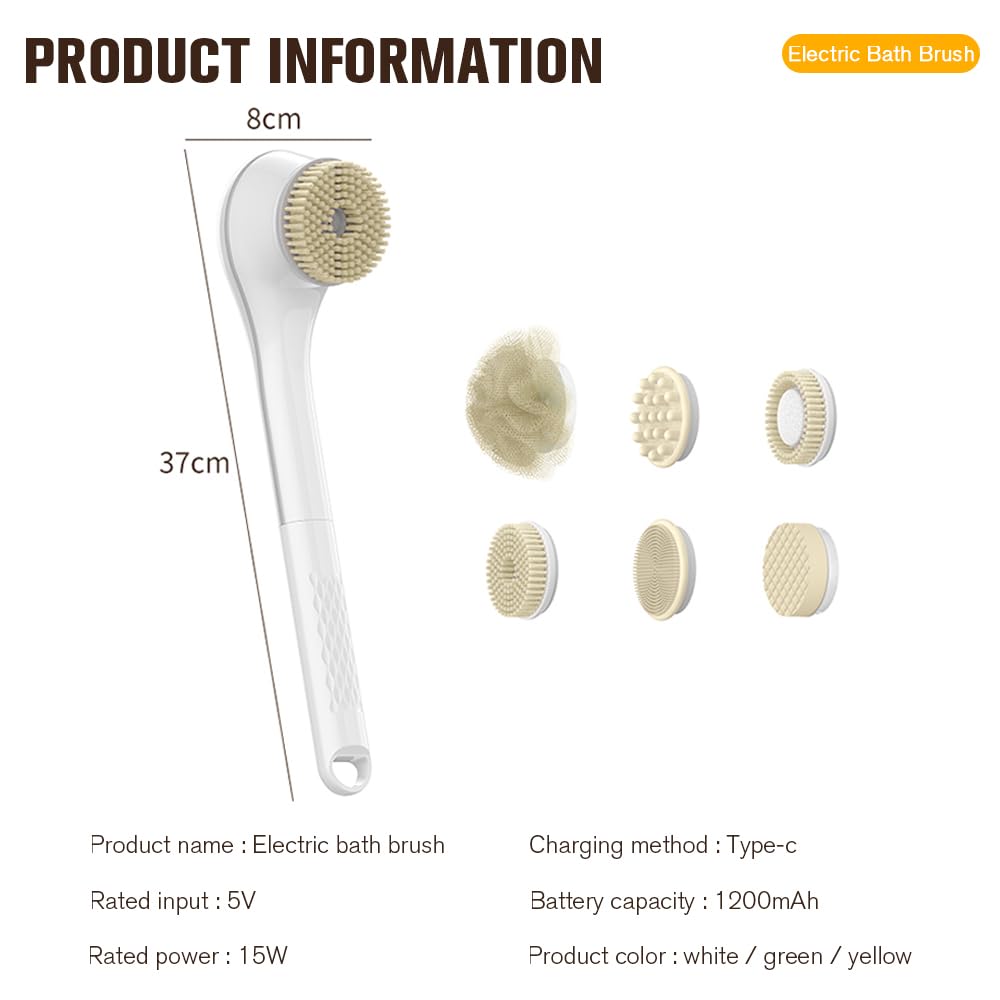 Electric Body Brush Set, Electric Body Brush for Shower, exfoliating Bath Brush with Long Handle, for Shower Lotion applicator, Back Silicone Body Scrub, with 6 Shower Brush Heads (White)