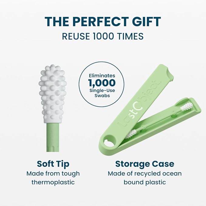 LastSwab® Reusable Cotton Swabs & Reusable Q-Tips - Washable Silicone Ear Swabs, Ear Cleaner & Wax Removal Tool - Eco-Friendly Zero Waste Single-Use Qtips Alternative - Travel Case Holder - Green