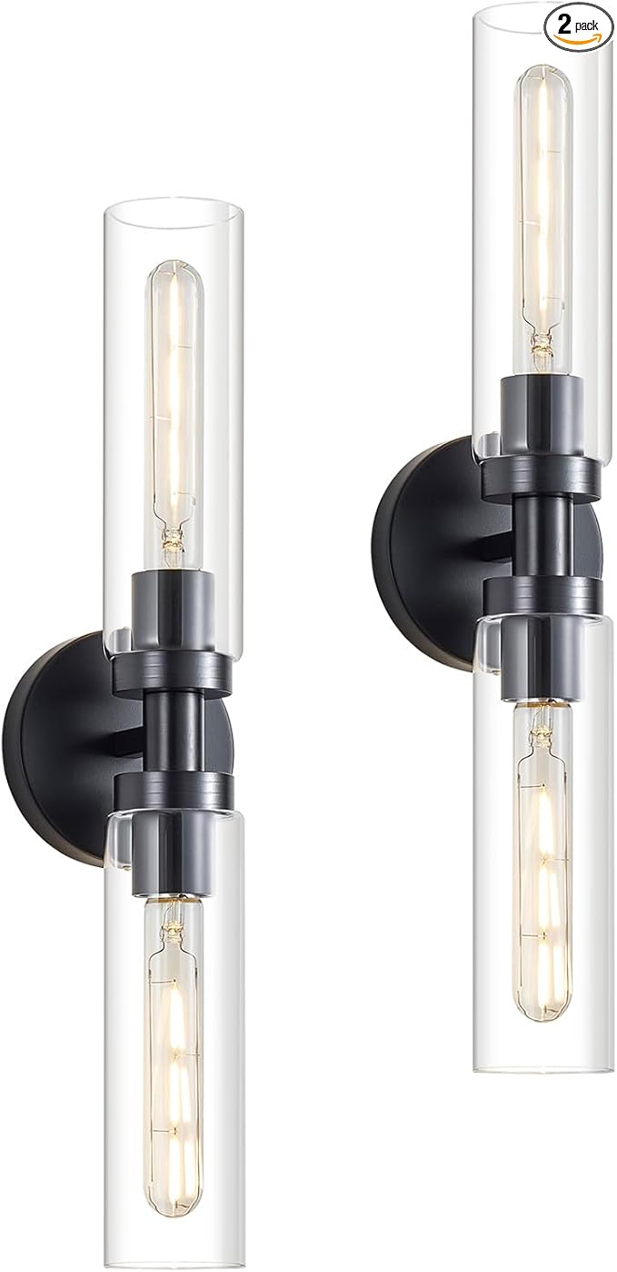 2 Light Bathroom Wall Sconce Set of 2,Modern Farmhouse Black Bathroom Light Fixture Over Mirror with Clear Glass Shade,Bathroom Vanity Light for Hallway Cabinet Bedroom Stairway Porch