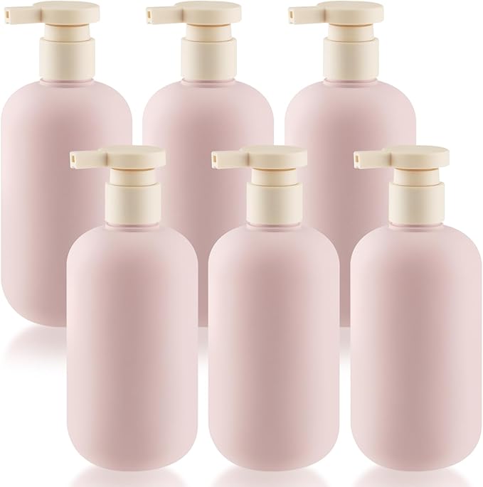 DMuuuDM 6 Pcs 10 oz Soft Plastic Bottles with Press Pump,Empty Refillable Travel Shampoo Dispenser Container for Hand Soap,Shampoo,Lotion,Body Wash,Conditioner,Silicone Funnel Included (Pink)