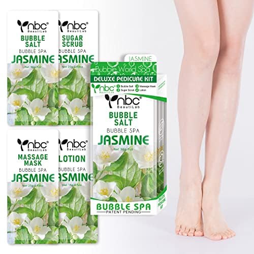 nbc BeautiLab Pedicure Kit Foot Soak Set: Bubble Salt, Sugar Scrub, Massage Mask, Massage Lotion in a Box, 4 Step Foot Spa Kit for Dry Feet, Calluses and Tired Feet (1 Set Jasmine)