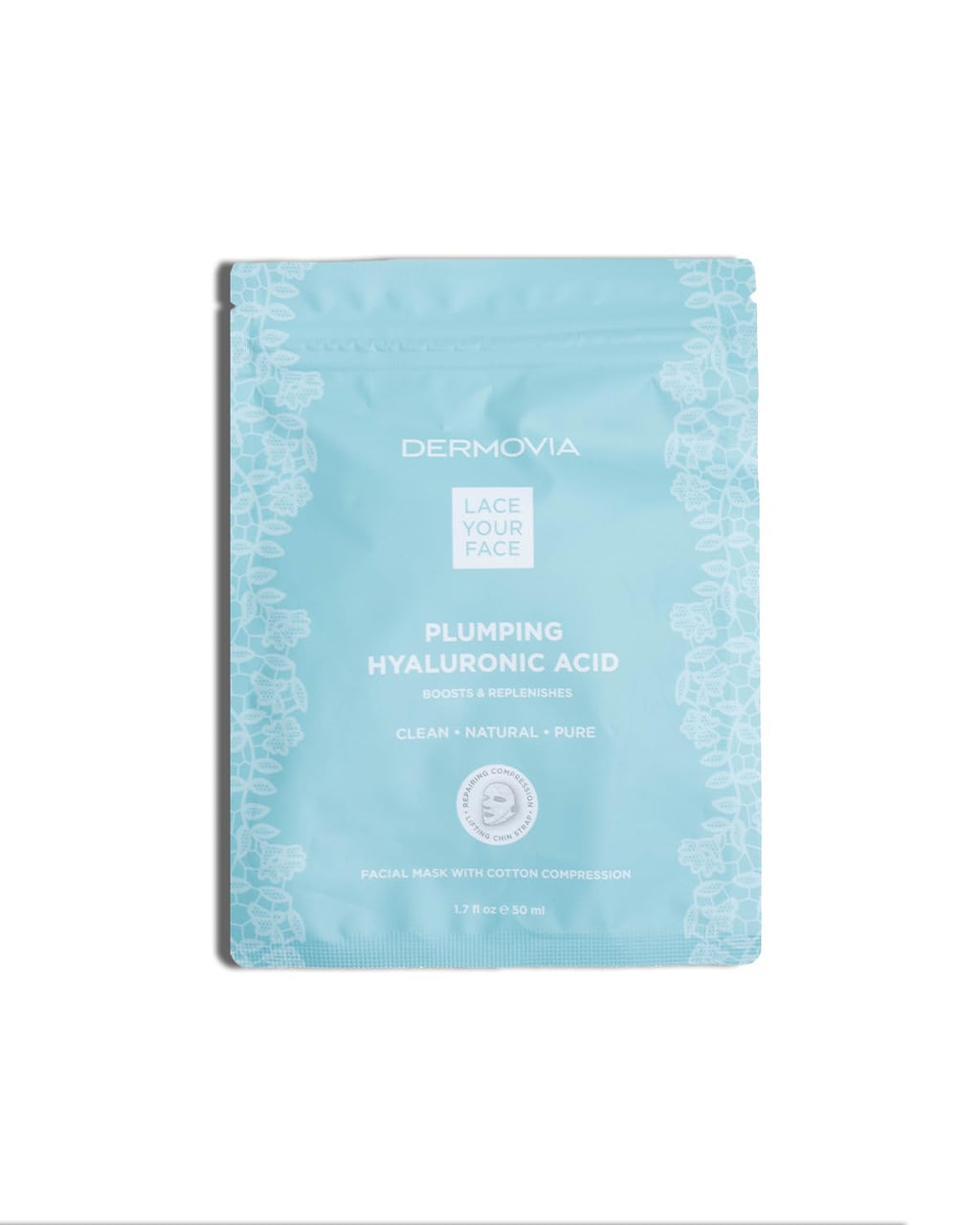 LACE YOUR FACE Patented Compression Facial Mask, Reusable Biodegradable Cotton Anti Aging Skin Care, Plumping Hyaluronic Acid, Single