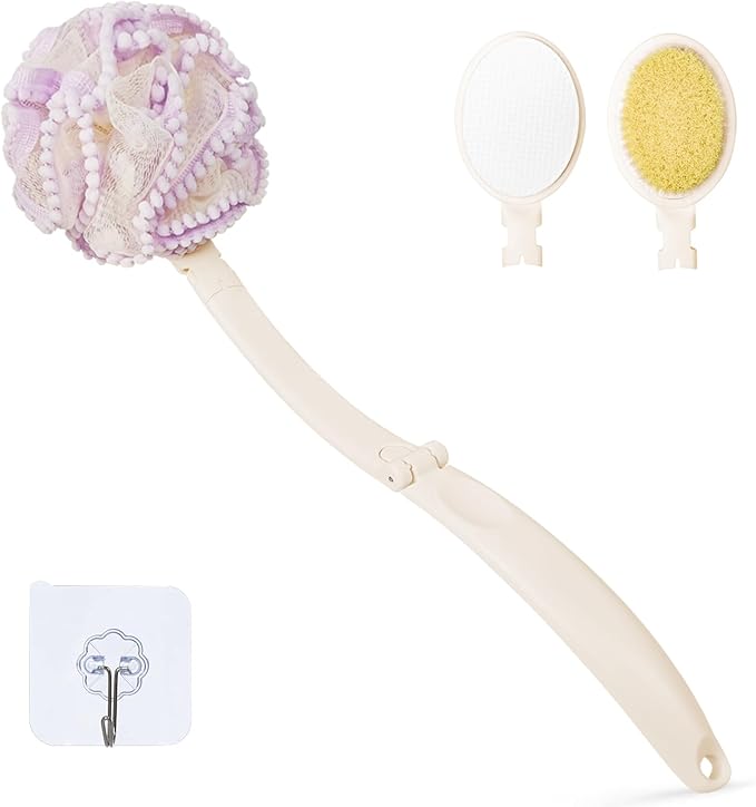 Topfinder Loofah Sponge with Handle,Back Scrubber Brush for Shower, Lotion Applicator for Back,3 in 1 Shower Kit (Purple loofah)