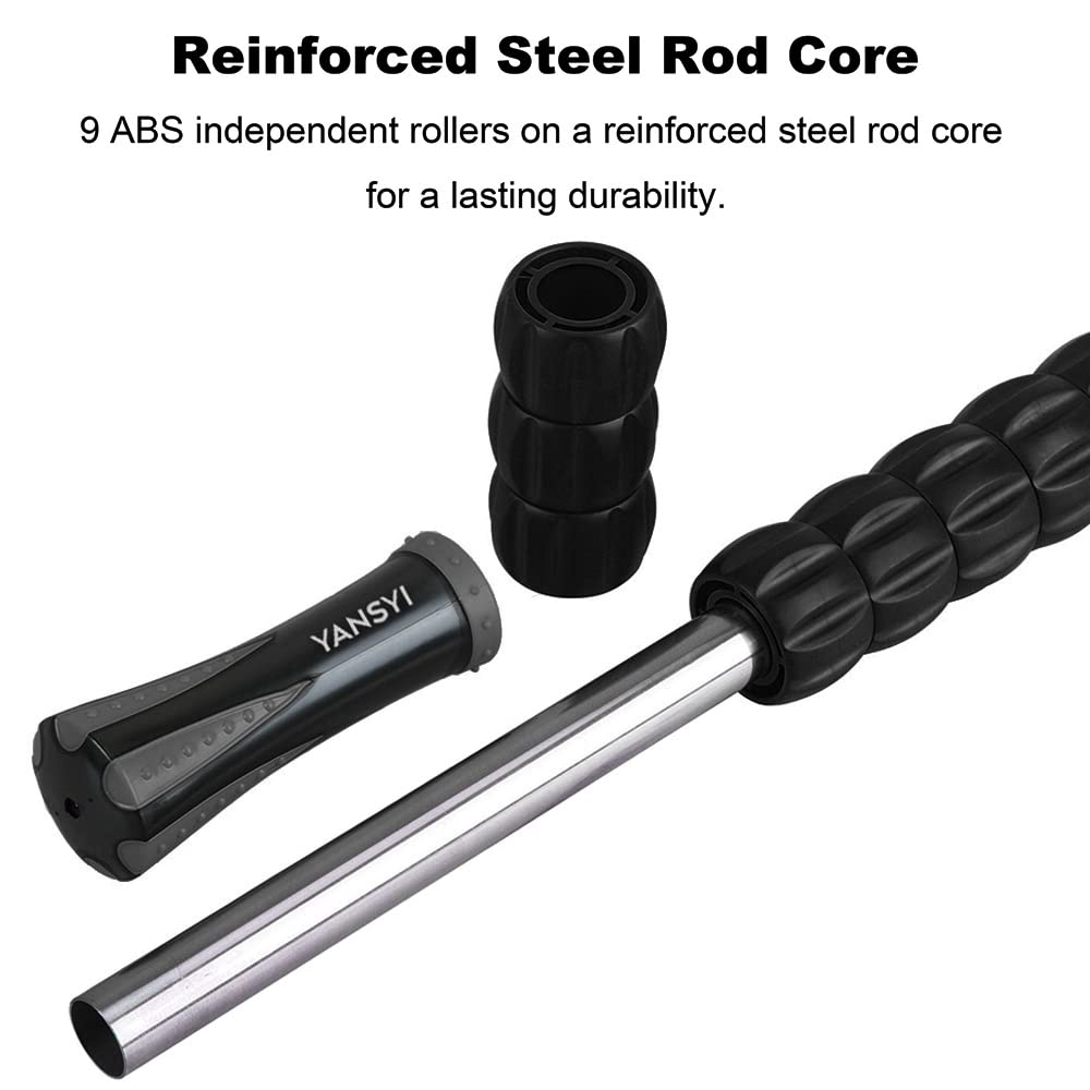 YANSYI Professional 9-Roller Deep Tissue Massage Stick - Portable Muscle Recovery Roller for Athletes, Relieves Post-Workout Soreness & Leg/Back Pain - Portable Physio Tool (Gray)