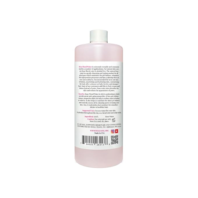 Well's Oil Rosewater Face & Hair Mist Spray (32 fl oz / 946 mL) | Floral Rosewater Hydrosol | Alcohol-Free