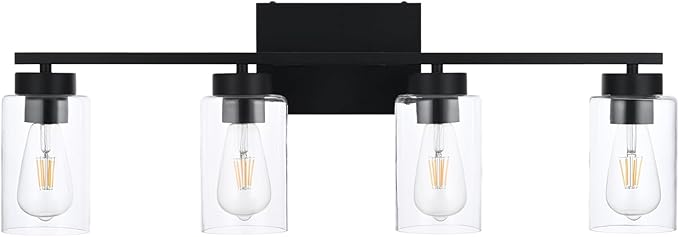 A1A9 4 Light Bathroom Vanity Light Fixtures, Matte Black Modern Wall Lights with Clear Glass Shade, Vintage Wall Sconce Lighting for Living Room, Mirror, Bedroom, Hallway (Black, 4-Lights)