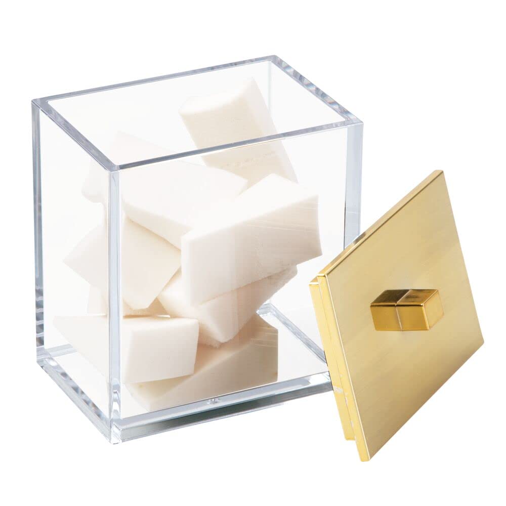 mDesign Plastic Rectangle Apothecary Canister - Organizer for Bathroom Vanity Countertop Shelf Decor - Holds Cotton Swabs, Soap, Makeup, Bath Salts - Lumiere Collection - 2 Pack - Clear/Gold