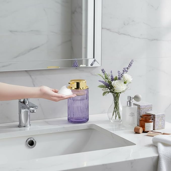 Tonxus Foaming Soap Dispenser, 12 Oz Purple Glass Soap Dispenser, Refillable Liquid Lotion Container Foam Gold Pump Bottle Decorative Modern Slim Ribbed Bottle for Bathroom and Kitchen