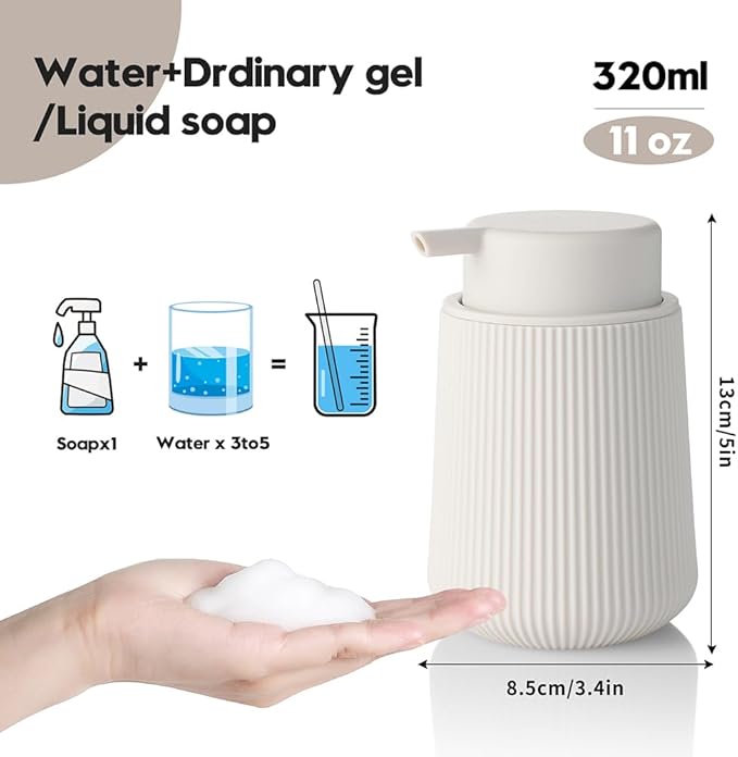 YAUKPH Striped Foaming Hand Soap Dispenser with Leak-Proof Pump for Bathroom and Kitchen Countertop 11oz Beige