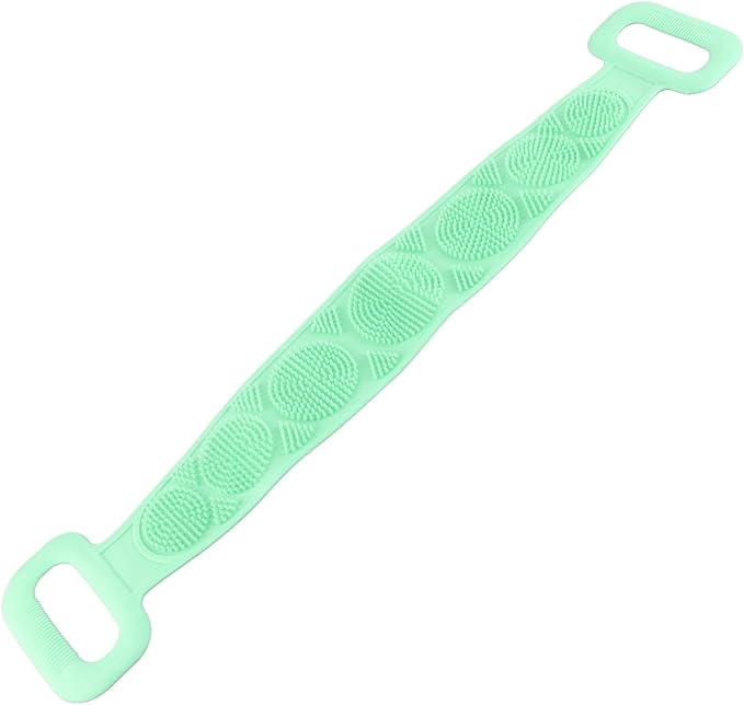 Silicone Back Scrubber Strap Double Sided Exfoliating Bath Shower Cleaning Belt Ergonomic Design for Men Women Kids Elderly Soft Dense Brush Hair Body Massage Tool (Green)