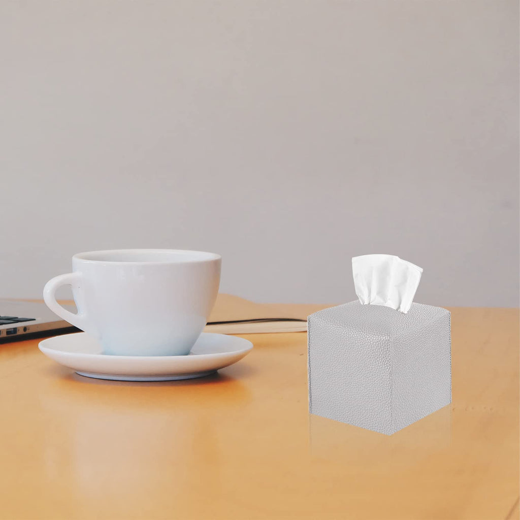 2 Pack, VIVIDLY Tissue Box Cover Holder, Square Modern PU Leather Tissue Box Holder, Can be Used for Bathroom Dressing Table, Bedside Table, Office Desk & Car 5"X5"X5"- (Grey, 2)