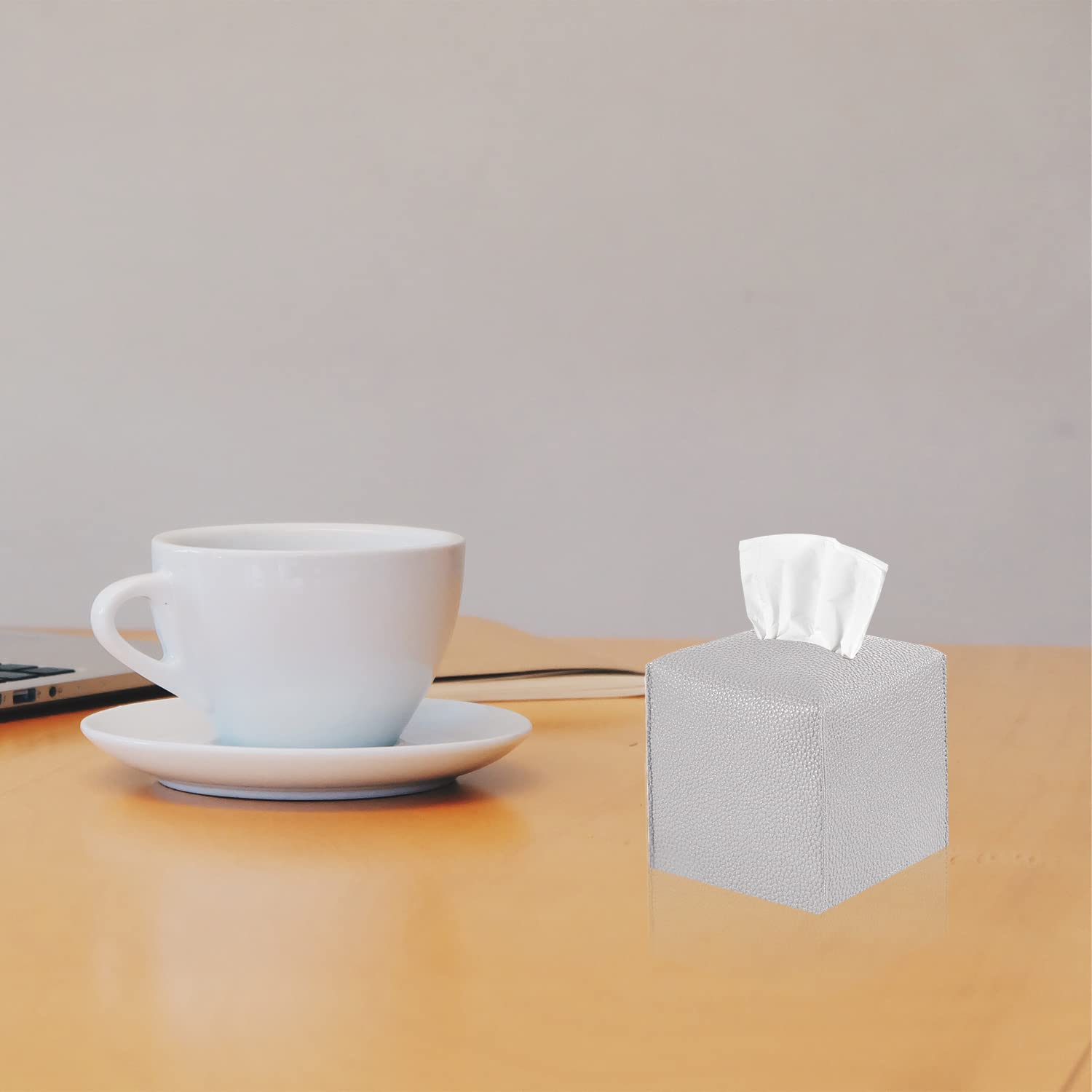 2 Pack, VIVIDLY Tissue Box Cover Holder, Square Modern PU Leather Tissue Box Holder, Can be Used for Bathroom Dressing Table, Bedside Table, Office Desk & Car 5"X5"X5"- (Grey, 2)