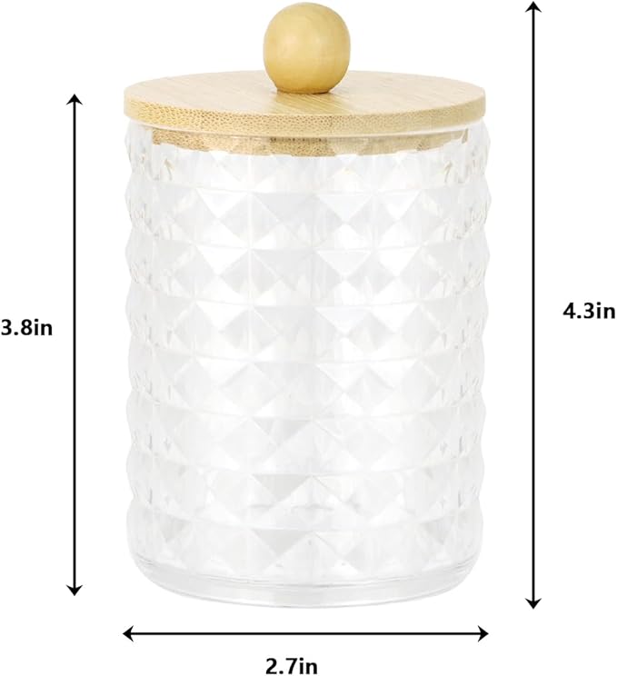 2 Pack Qtip Holder Bathroom Storage Canister for Cotton Ball Cotton Swab Pads Floss, Small Plastic Jars with Lids (Clear & Bamboo Lid, 2 Pack)