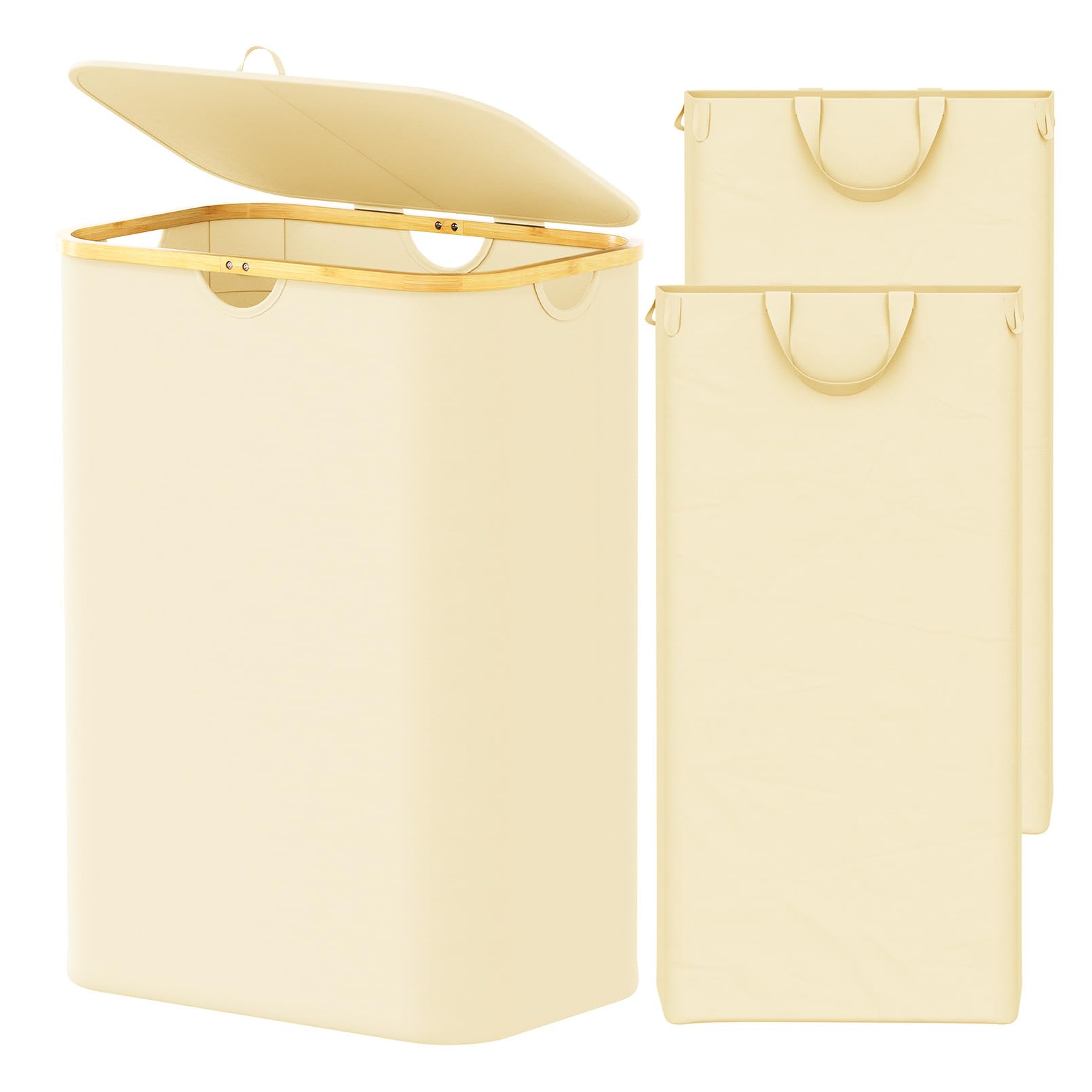 SpaceAid Double Laundry Hamper 2 Section with Lid and Removable Laundry Bags, 160L Clothes Basket with Bamboo Handles, Large Collapsible Hamper for Bedroom, Bathroom, Dorm, Laundry Room - Beige
