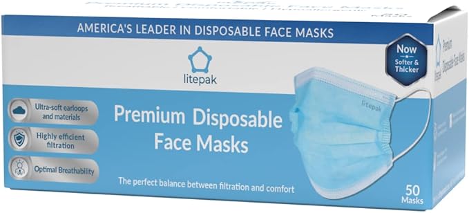 Litepak 500pcs Disposable Face Masks, 3-Ply Dust Mask for Work, Nose Wire
