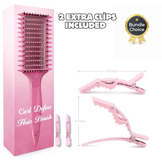 Curl Defining Brush with Hair Clips – Detangling Tool for Wet or Dry Styling, Ideal for Curly Hair, Women & Girls (Shiny Pink)