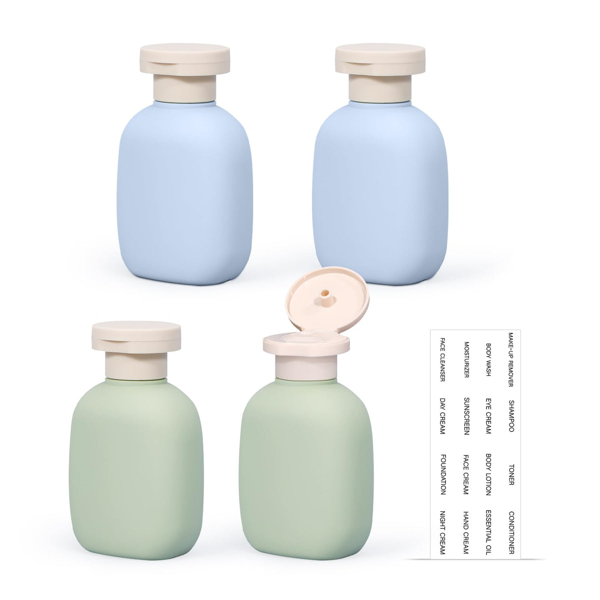 UMETASS 4 Pack 3.4 oz Travel Bottles for Toiletries, Leak-Resistant Plastic Squeeze Bottles with Flip Caps, Refillable Shampoo and Conditioner Containers for Lotion Body Wash, Blue Green
