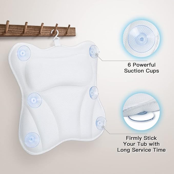 Bath Pillow for Tub Luxury Bathtub Pillow for Head and Neck 4D Air Mesh Spa Bath Tub Pillow Headrest with Non-Slip 6 Strong Suction Cups Bathtub Pillow Soaking Tub Bathroom Bath Gifts