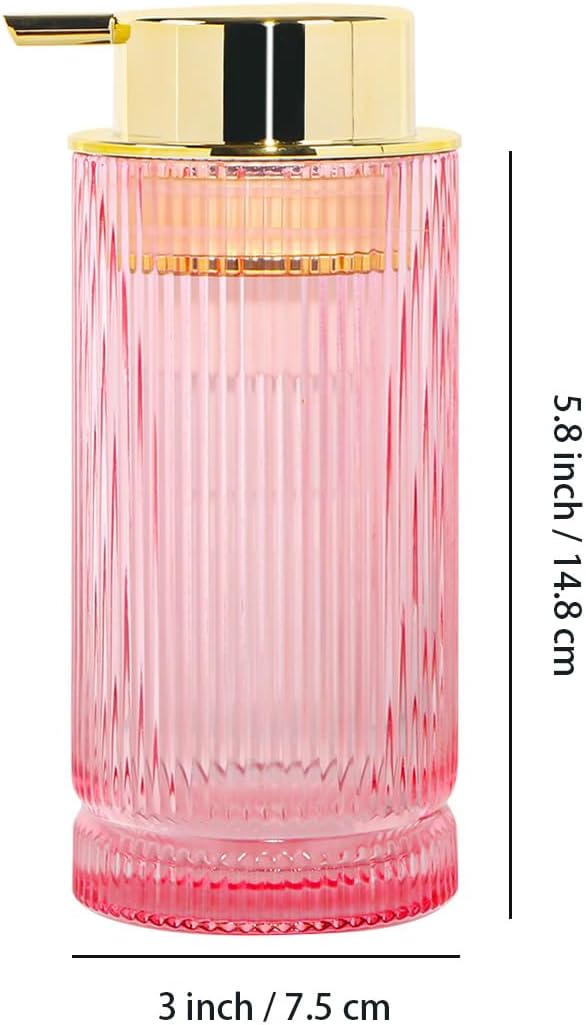 Tonxus Foaming Soap Dispenser, Pink Glass Foam Hand Soap Dispenser with Gold Pump, 14 Oz Bathroom Refillable Liquid Lotion Pump Ribbed Bottle Container for Kitchen Countertop Decor, 1