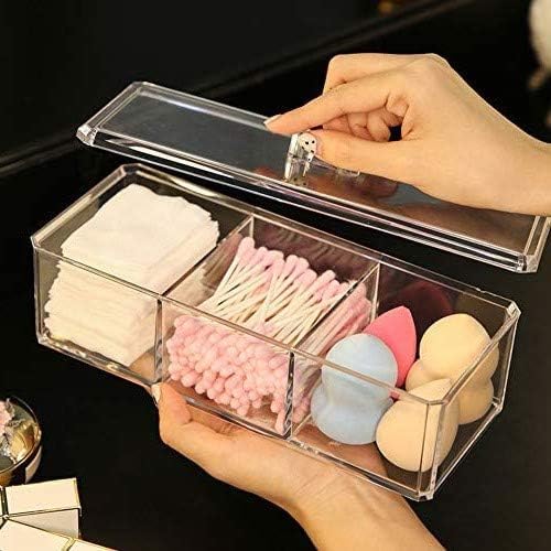 KW Collection Square Acrylic Cotton Ball Pads Gauze Swab Holder Organizer Q-tip Dispenser Storage Canister Bathroom Container Flossers Box Case (9.3x3.7x3 in, 1 Tier, 3 Partitions, Transparent)