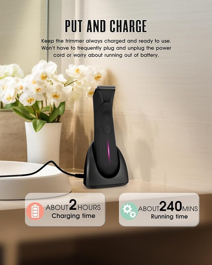 Body Trimmer for Men - Groin & Ball Shaver with Charging Dock - Constant Power No-Pull Electric Pubic Hair Clipper - 5-in-1 Guard Waterproof Body Groomer with LED Light, for Groin, Armpit & Body