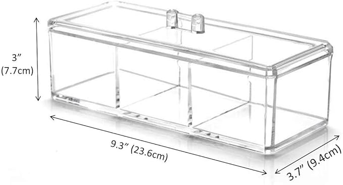 KW Collection Square Acrylic Cotton Ball Pads Gauze Swab Holder Organizer Q-tip Dispenser Storage Canister Bathroom Container Flossers Box Case (9.3x3.7x3 in, 1 Tier, 3 Partitions, Transparent)