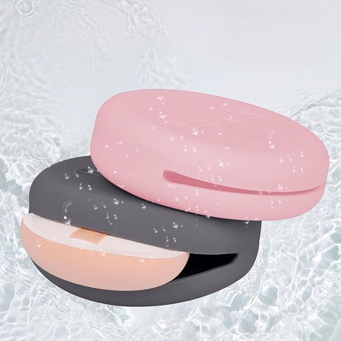 Ouliget Portable Powder Puff Case,Breathable Round Makeup Puff Protective Container,Silicone Make-up Storage Box Travel Quick Drying Easy to Carry,4 Pieces,Pink+Grey