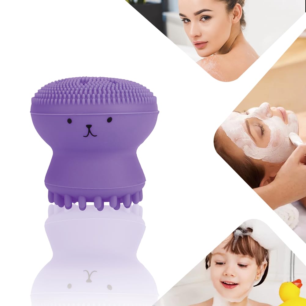 Facial Cleansing Brush Jellyfish Exfoliating Face Brush Handheld Massaging Cute Small Octopus Shape Facial Scrubber Spin Cleanser Massage Baby Shampoo Brush Exfoliate Skin for Men Women(púrpura)