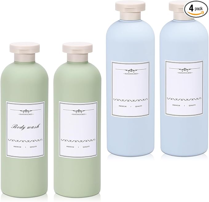 UMETASS Travel Shampoo Bottle, Empty Plastic Squeeze Bottles 13.5oz with Flip Cap, Lotion Container for Toiletries Travel Size Shampoo and Conditioner (2 pack blue, 2 pack green)