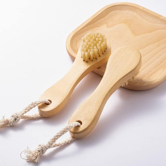 HiKin 2 Pack Wood Handle Manual Face Facial Cleansing Brush, 5.7” Natural Boar Bristles Skin Care Exfoliating Scrub Brush.