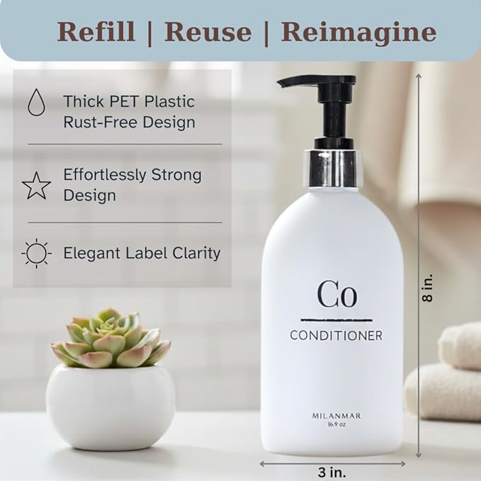 Milanmar Shampoo & Conditioner Shower Dispenser Set, Pearl White - Empty Matte Plastic Bottles, 16.9 oz Pump Containers, Luxury Bathroom Decor, 3 Pack for Spa, Airbnb [White-Silver]