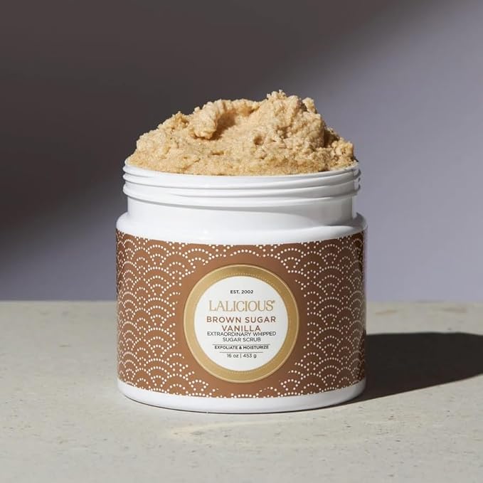 LALICIOUS Brown Sugar Vanilla Exfoliating & Moisturizing Body Scrub | Coconut Oil | Pre-Shave Scrub for Ingrown Hairs & Razor Bumps | Gently Buffs & Smooths Sensitive Skin | No Parabens Large 16oz