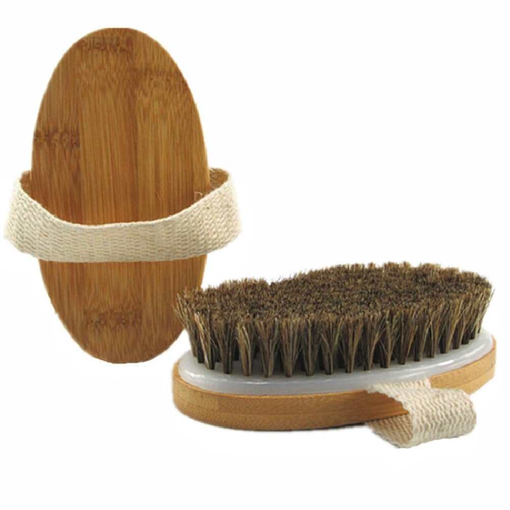 HiKin 11.8“ Long Handle Dry Bath Body Brush Back Scrubber, Wooden Handle Shower Brush with Natural Boar Bristles, Good for Exfoliating, Cellulite, Detox, Blood Circulation, etc.