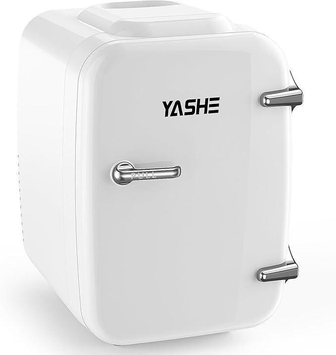 YASHE Mini Fridge, 4 Liter/6 Can Mini Makeup Fridge, 110V AC/ 12V DC Portable Thermoelectric Cooler&Warmer for Skincare, Drink, Cosmetic, Medicine, Small fridge for Bedroom, Office, Dorm, Car, White