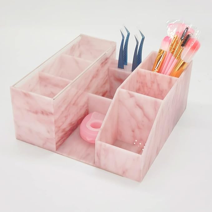 LIXIMMAZN Acrylic Large Capacity Makeup Organizer, Grafting Beauty Extension Supplies Lash Storage Display, Eyelash Storage Case Brush Tweezers Cosmetic Holder (Pink Marble)