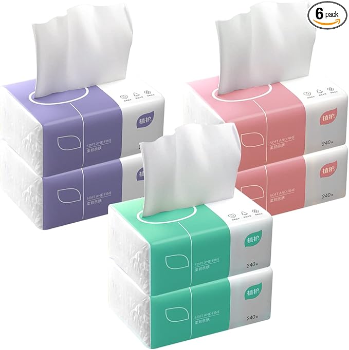 Pack of 6, Soft Small Facial Tissue, Toilet Paper, Bag Cover NOT Box, Disposable Facial Napkin, White Facial Paper, Material Wood Pulp Fiber NOT COTTON, 4-Ply, 240 Sheet per Pack