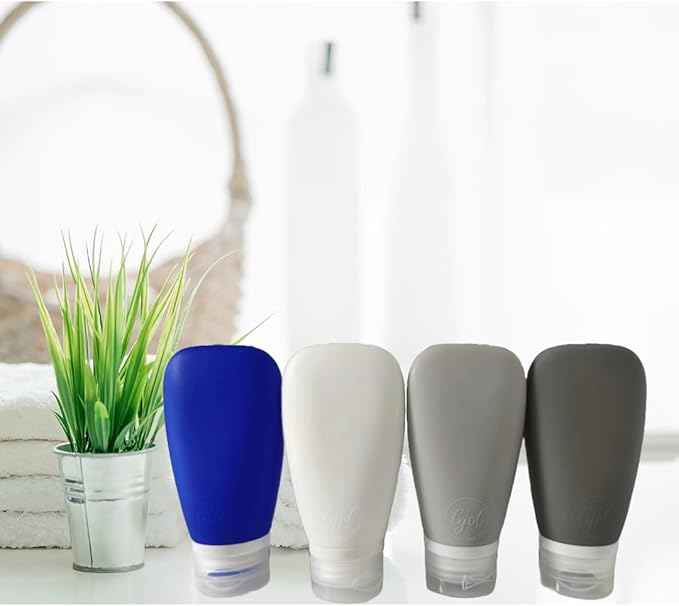 LYOB Travel Bottles for Toiletries, TSA Approved 3oz Leak Proof Silicone Refillable Squeeze Travel Size Containers BPA Free for Cleansers, Lotions, Shampoo, Conditioner 4pk With Bag(W,G,Blk,Bl)
