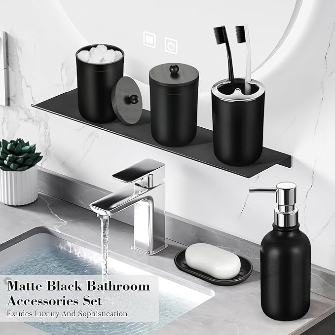 ALPIRIRAL Black Bathroom Accessories Set, 23Pcs Bath Accessory Sets Complete with Bathtub Mat, Shower Curtain Set with Hooks, Soap Dispenser, Toothbrush Holder, Qtip Holder, Trash Can, Toilet Brush