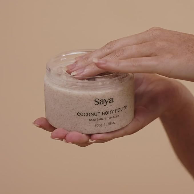 Saya Coconut Body Polish Exfoliating Body Scrub For Silky Smooth Skin with Raw Sugar, Coconut, Sea Salt | Exfoliates Remove Dead Skin Cells For Smoother Skin Deep Hydration Anti Aging Body Cream 300gr