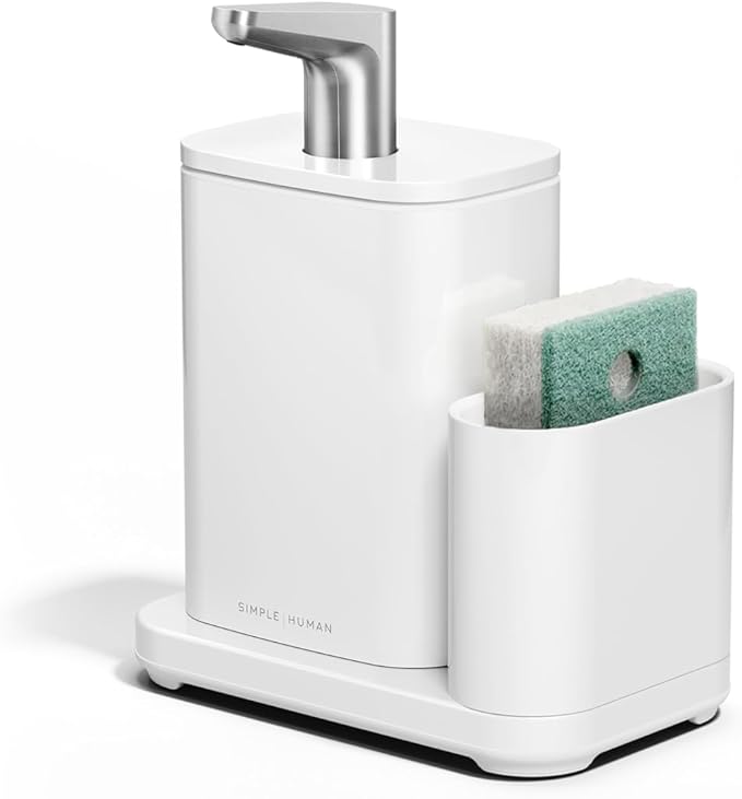 simplehuman Pulse Pump, 16 oz. with Caddy, Premium Soap Dispenser for Kitchen and Bathroom, Drip and Clog Free Valve, Mess-Free Wide Refill, Magnetic Caddy for Sponge, White Stainless Steel