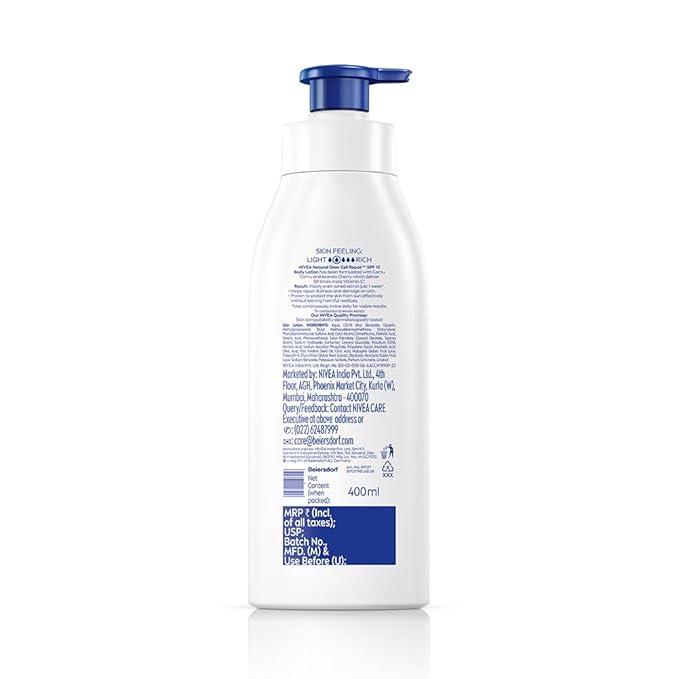 Nivea Natural Glow Body Lotion with SPF 15, Vitamin C, Lightweight Moisturizing Lotion for Daily Use, 13.52 Fl Oz (Pack of 1)
