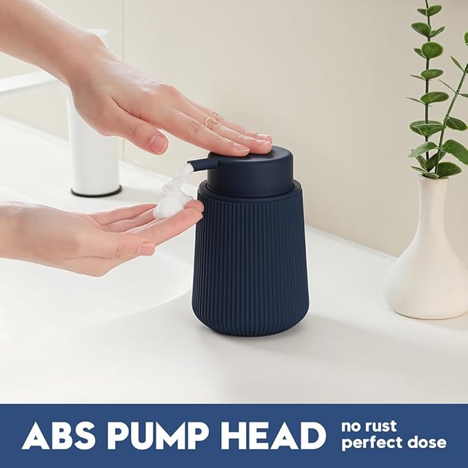 YAUKPH Striped Foaming Hand Soap Dispenser with Leak-Proof Pump for Bathroom and Kitchen Countertop 11oz Navy Blue
