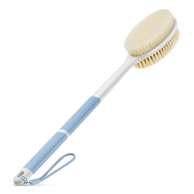 Backski Back Scrubber Anti Slip for Shower, Long Handle Bath Brush with Stiff and Soft Bristles for Exfoliation, Dual-Use Shower and Dry Body Brush(Purple)