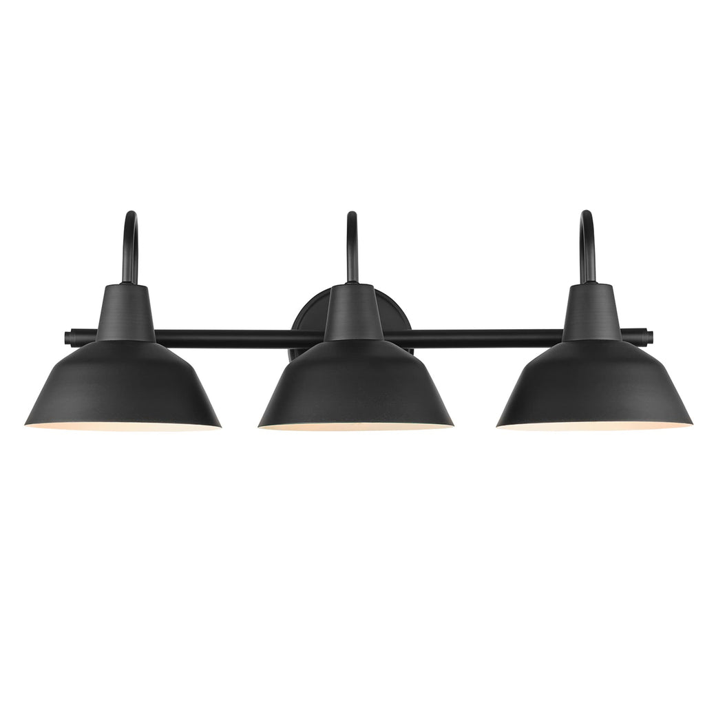 Globe Electric 65554 Barnyard 3-Light Vanity Light, Matte Black, White Interior Shades