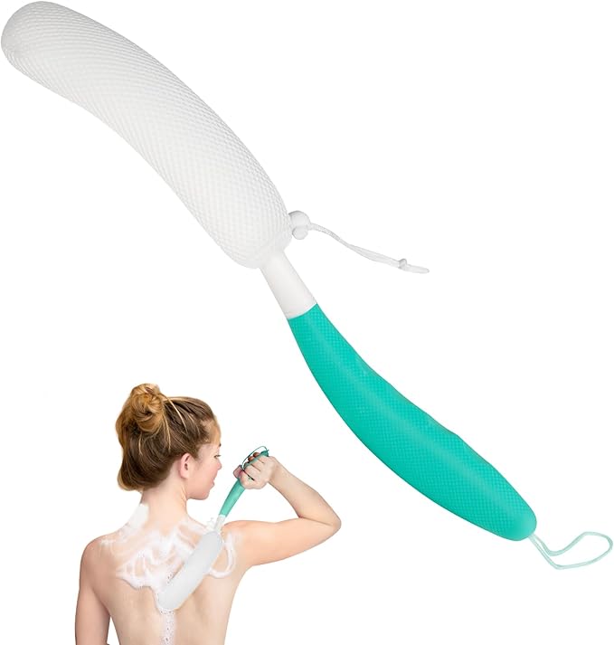 Back Scrubber for Shower, 15.35" Long Handle Shower Brush for Body, Back Brush for Shower for Men Women, Long Handled Bath Sponge for Deep Clean, Exfoliating, Anti-Slip Curve Handled Back Scrubber